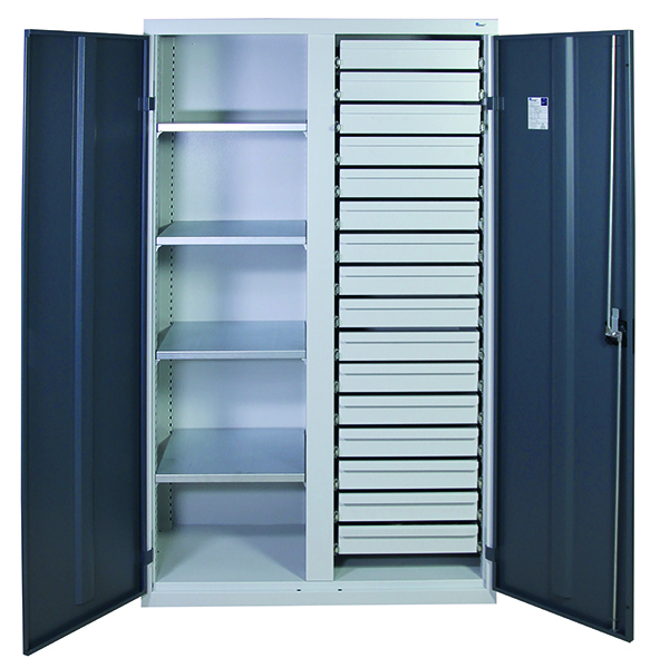 Werkzeugschrank, Höhe 180 cm, mit 2 Abteilen, 4 Fachböden, 16 Schubladen, lichtgrau / anthrazitgrau