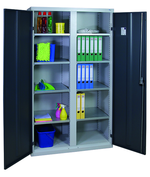 Werkzeugschrank, Höhe 180 cm, mit 2 Abteilen, 8 Fachböden, lichtgrau / anthrazitgrau