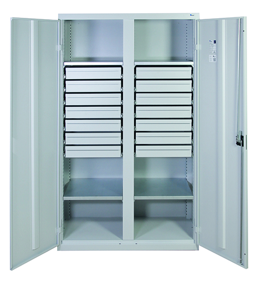 Werkzeugschrank mit 2 Abteilen, Höhe 180 cm, 4 Fachböden, 14 Schubladen, lichtgrau