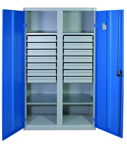 Werkzeugschrank mit 2 Abteilen, Höhe 180 cm, 4 Fachböden, 14 Schubladen, lichtgrau / lichtblau