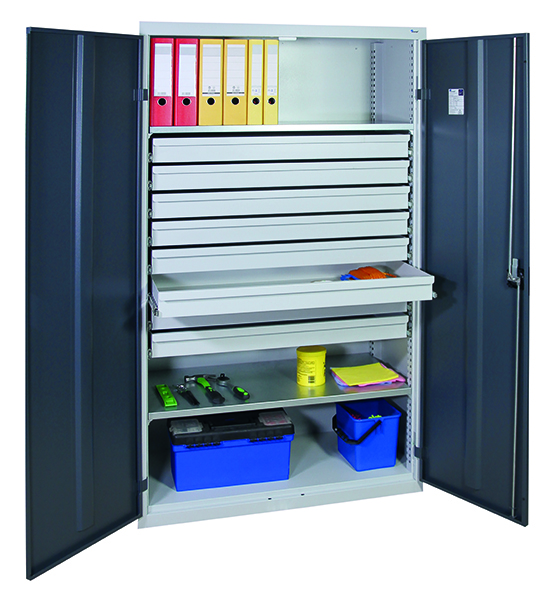 Werkzeugschrank, Höhe 180 cm, 2 Fachböden, 8 Großraumschubladen, lichtgrau / anthrazitgrau