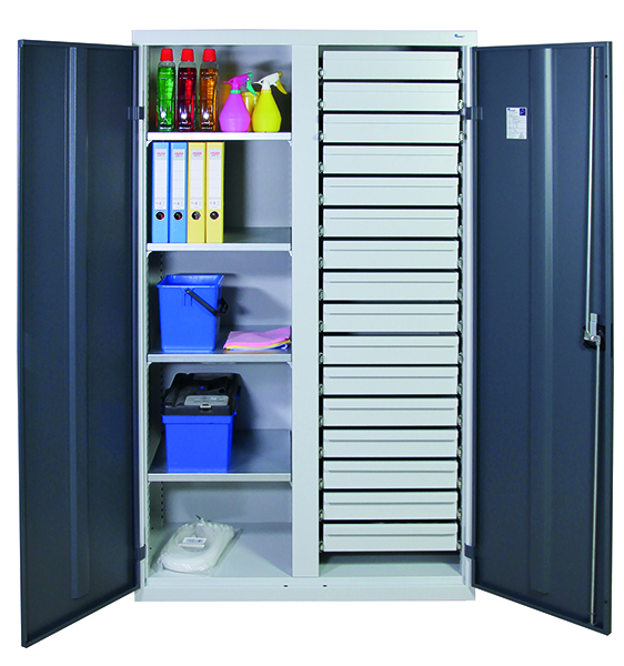 Werkzeugschrank, Höhe 180 cm, mit 2 Abteilen, 4 Fachböden, 16 Schubladen, lichtgrau / anthrazitgrau