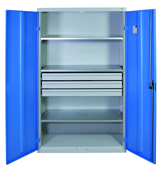 Werkzeugschrank, Höhe 180 cm, 3 Fachböden, 3 Großraumschubladen, lichtgrau / lichtblau