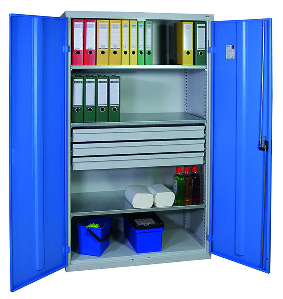 Werkzeugschrank, Höhe 180 cm, 3 Fachböden, 3 Großraumschubladen, lichtgrau / lichtblau