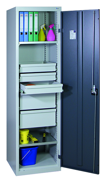 Werkzeugschrank-Säule, Höhe 180 cm, 3 Schubladen, 2 hohe Schubladen, 2 Fachböden, lichtgrau / anthrazit