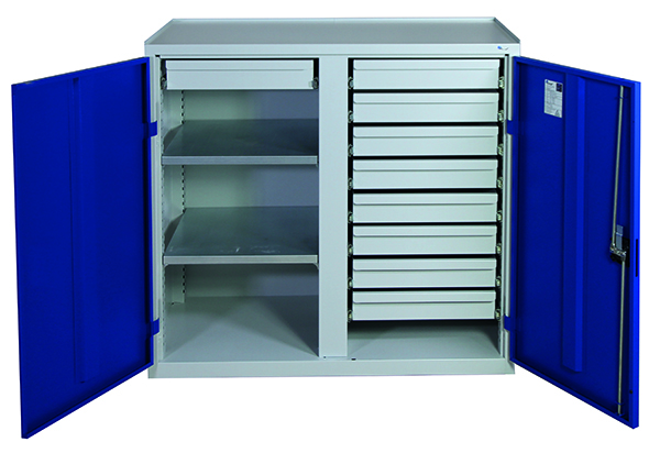 Werkzeugschrank mit 2 Abteilen, Höhe 100 cm, 9 Schubladen, 2 Fachböden, lichtgrau / enzianblau