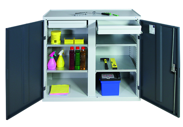 Werkzeugschrank mit 2 Abteilen, Höhe 100 cm, 2 Schubladen, 4 Fachböden, lichtgrau / anthrazitgrau