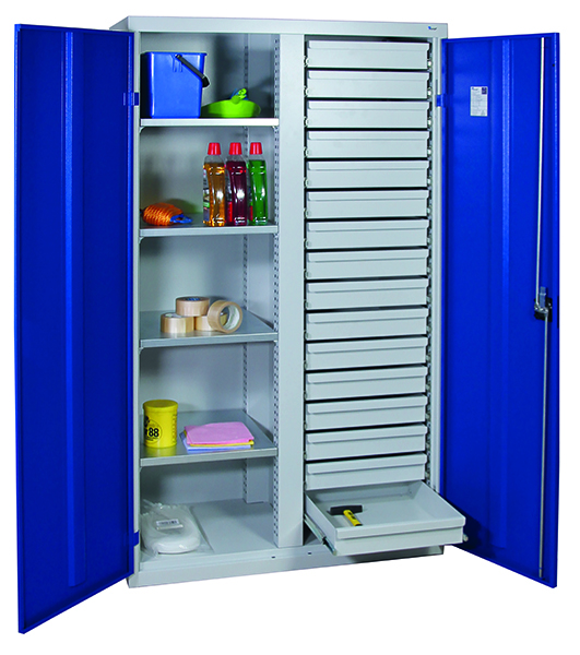 Werkzeugschrank Serie 2000, mit Mitteltrennwand, lichtgrau/blau