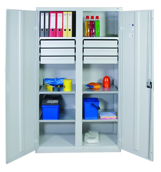 Werkzeugschrank mit 2 Abteilen, Höhe 180 cm, 6 Fachböden, 6 Schubladen, lichtgrau