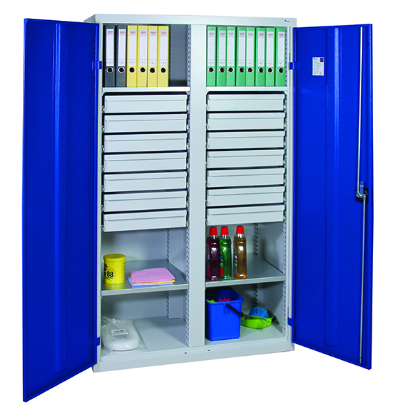 Werkzeugschrank mit 2 Abteilen, Höhe 180 cm, 4 Fachböden, 14 Schubladen, lichtgrau / enzianblau