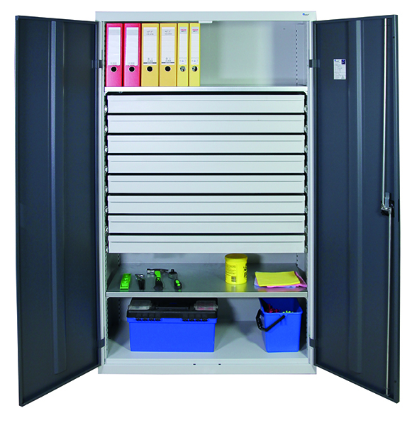 Werkzeugschrank, Höhe 180 cm, 2 Fachböden, 8 Großraumschubladen, lichtgrau / anthrazitgrau
