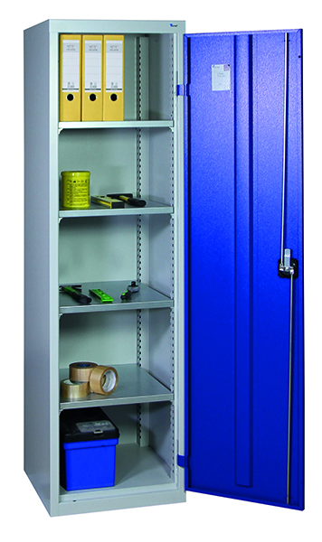 Werkzeugschrank-Säule, Höhe 180 cm, 4 Fachböden, lichtgrau / enzianblau