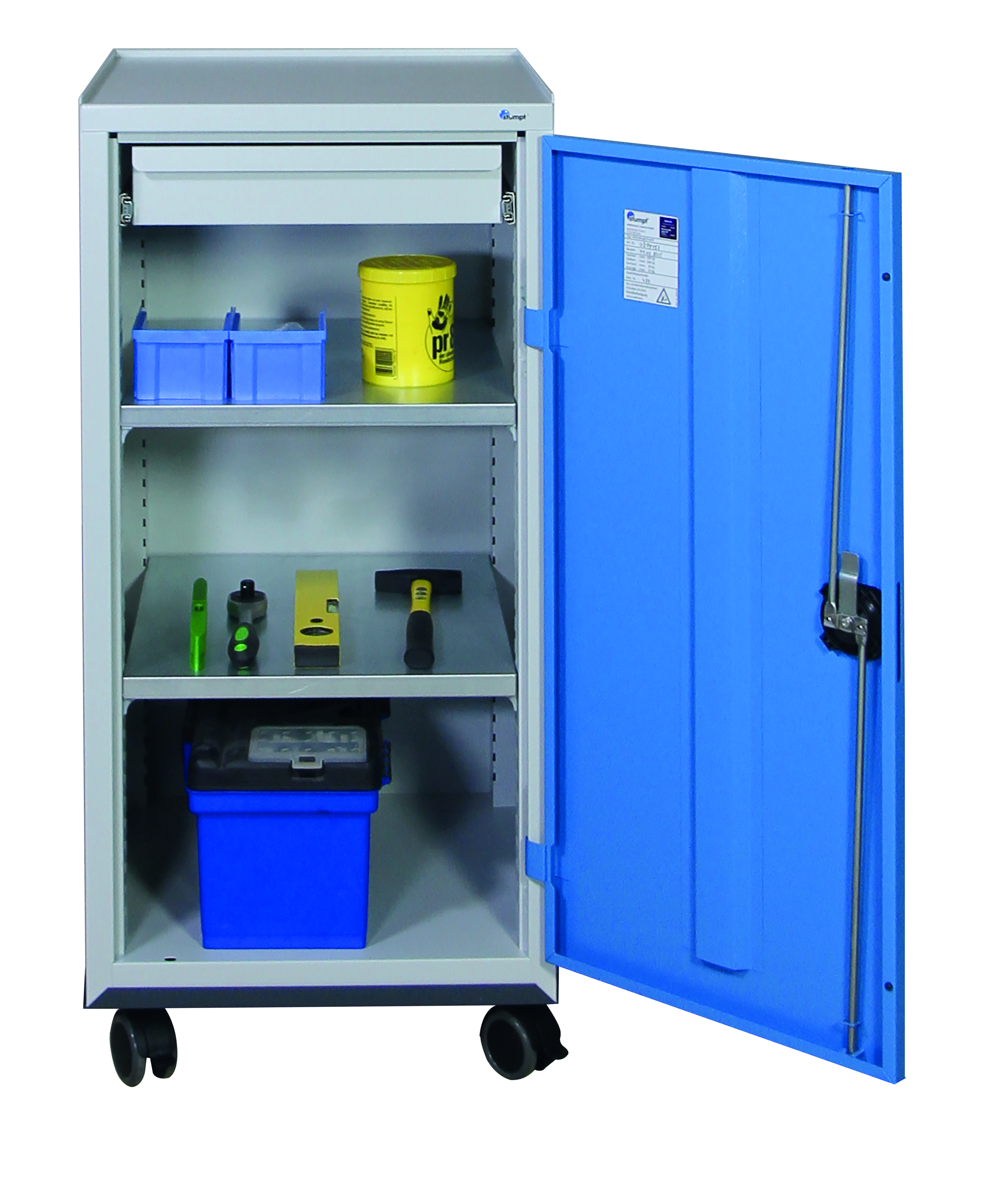 Werkzeugschrank fahrbar, Höhe 110 cm, lichtgrau / lichtblau