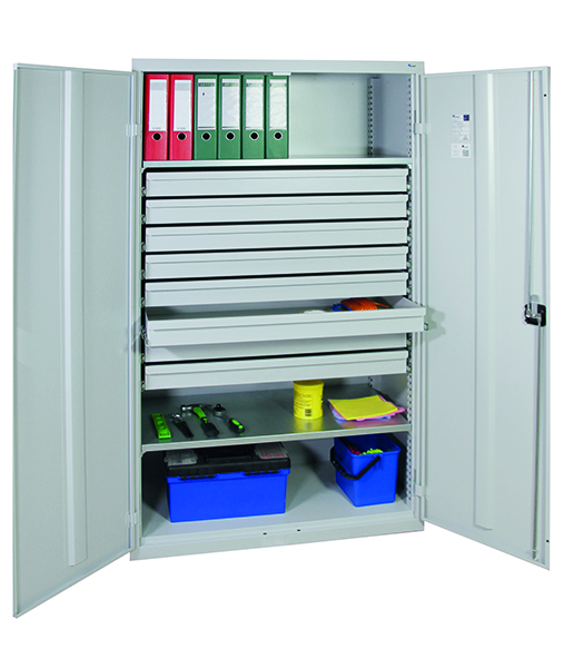 Werkzeugschrank, Höhe 180 cm, 2 Fachböden, 8 Großraumschubladen, lichtgrau