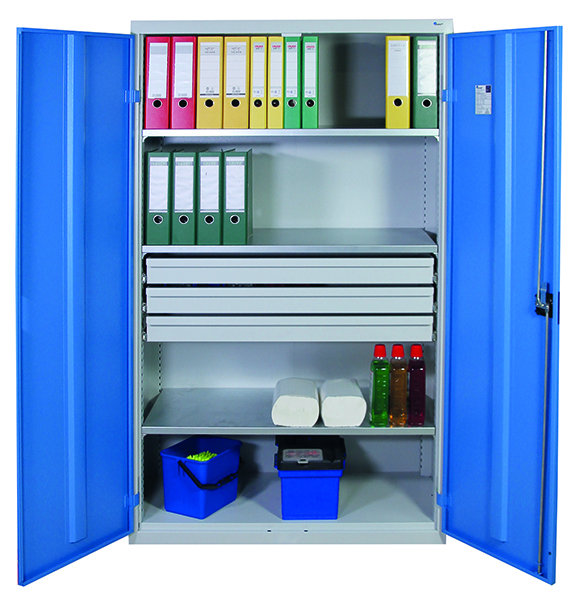 Werkzeugschrank, Höhe 180 cm, 3 Fachböden, 3 Großraumschubladen, lichtgrau / lichtblau