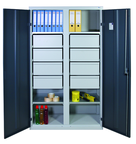 Werkzeugschrank, Höhe 180 cm, mit 2 Abteilen,  4 Fachböden, 8 hohe Schubladen, lichtgrau/anthrazit
