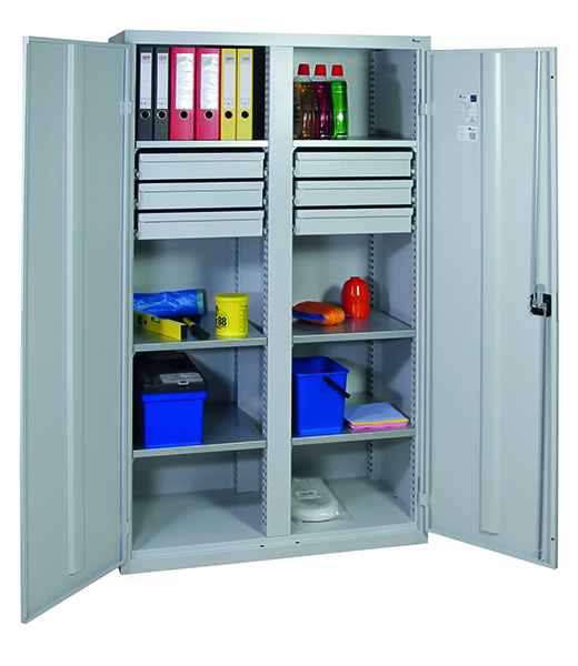 Werkzeugschrank mit 2 Abteilen, Höhe 180 cm, 6 Fachböden, 6 Schubladen, lichtgrau