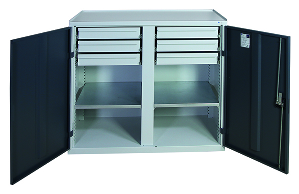 Werkzeugschrank mit 2 Abteilen, Höhe 100 cm, 6 Schubladen, 2 Fachböden, lichtgrau / anthrazitgrau