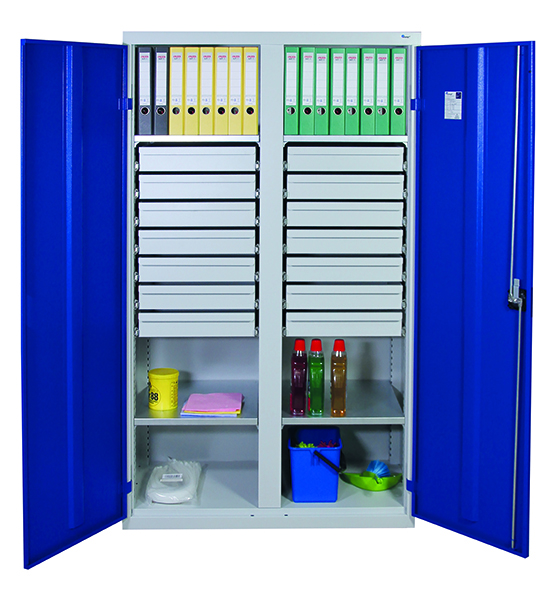 Werkzeugschrank mit 2 Abteilen, Höhe 180 cm, 4 Fachböden, 14 Schubladen, lichtgrau / enzianblau