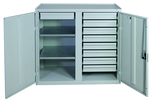 Werkzeugschrank mit 2 Abteilen, Höhe 100 cm, 9 Schubladen, 2 Fachböden, lichtgrau