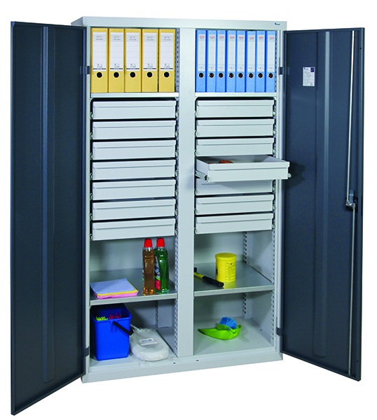 Werkzeugschrank mit 2 Abteilen, Höhe 180 cm, 4 Fachböden, 14 Schubladen, lichtgrau / anthrazitgrau