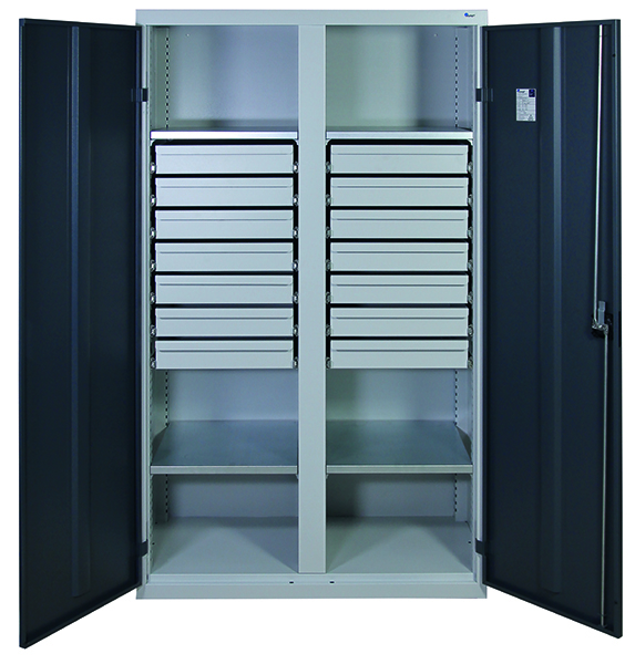 Werkzeugschrank mit 2 Abteilen, Höhe 180 cm, 4 Fachböden, 14 Schubladen, lichtgrau / anthrazitgrau