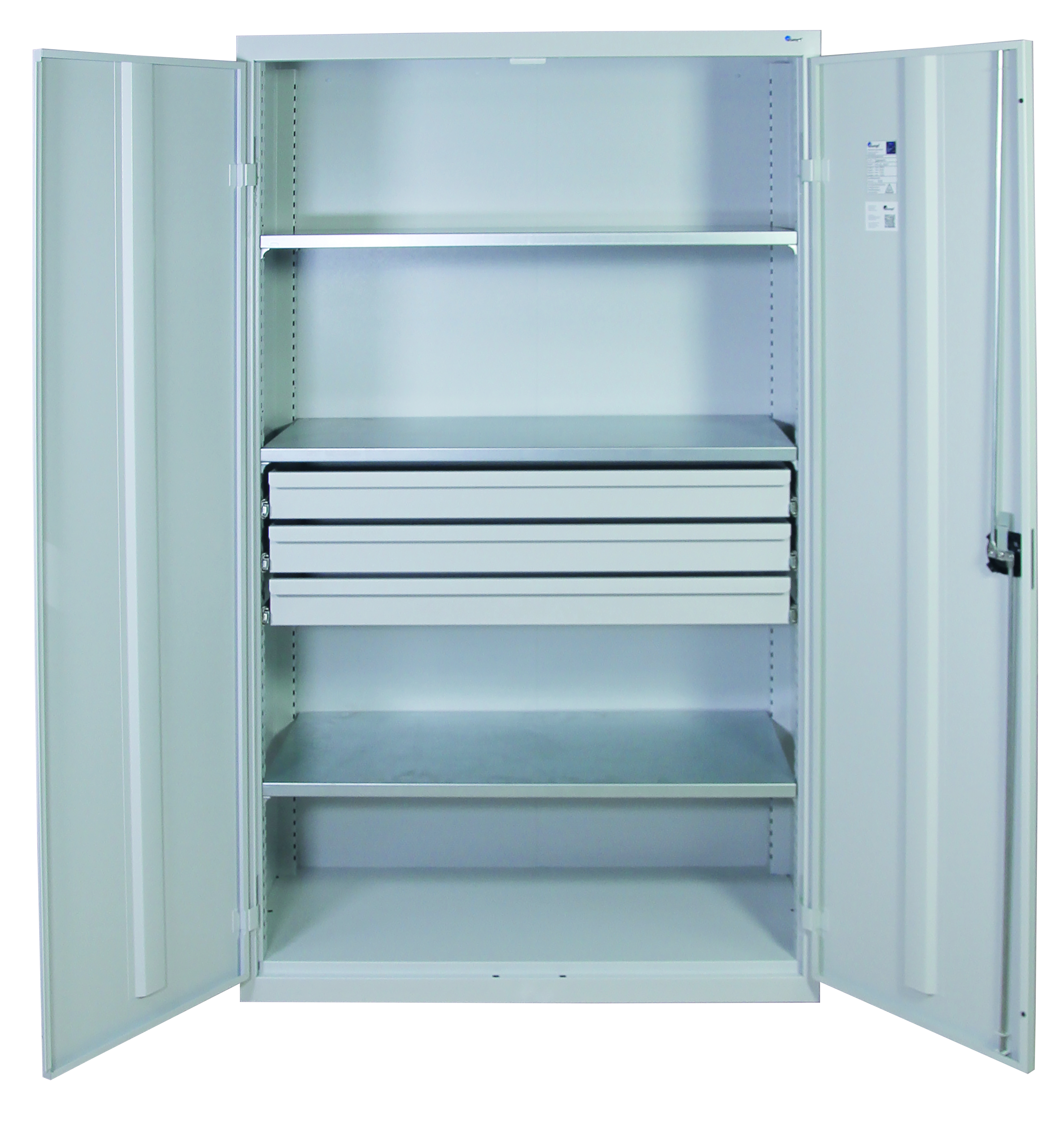 Werkzeugschrank, Höhe 180 cm, 3 Fachböden, 3 Großraumschubladen, lichtgrau