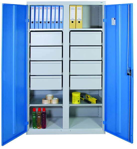 Werkzeugschrank, Höhe 180 cm, mit 2 Abteilen,  4 Fachböden, 8 hohe Schubladen, lichtgrau / lichtblau