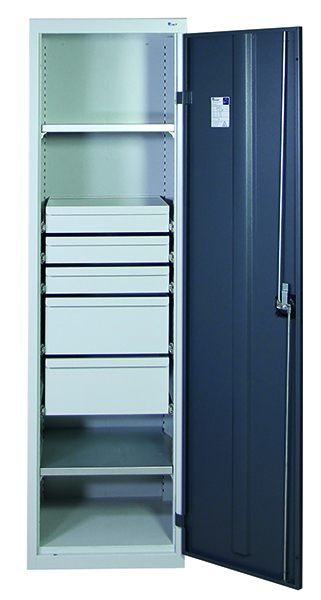 Werkzeugschrank-Säule, Höhe 180 cm, 3 Schubladen, 2 hohe Schubladen, 2 Fachböden, lichtgrau / anthrazit