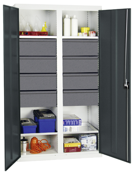 Werkzeugschrank, Höhe 180 cm, mit 2 Abteilen, 4 ausziehbare Wannenböden, 8 hohe Schubladen, lichtgra
